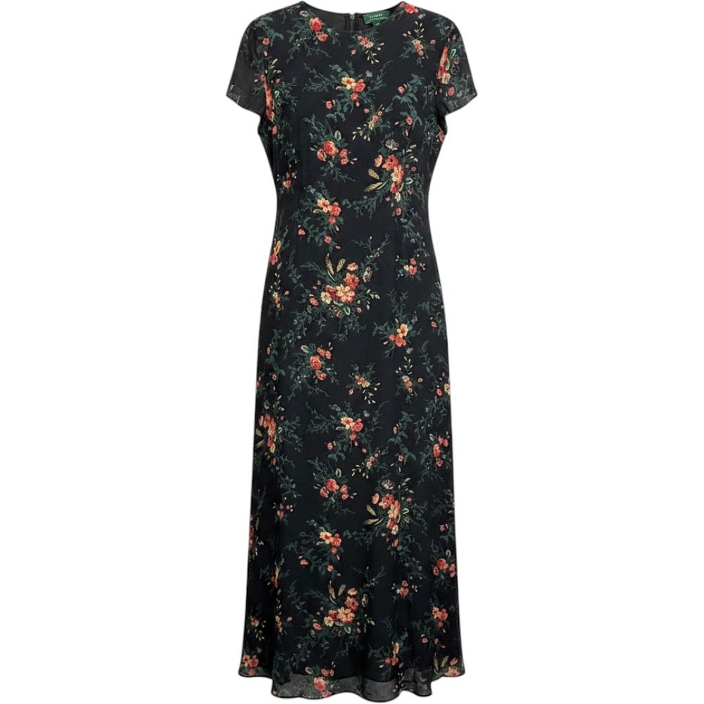 Lauren Ralph Lauren Black Floral 100% Silk Maxi Dress Short Sleeve Size 10